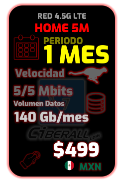 HOME 5M 1 MES 5/5 Mbits    140 Gb/mes Velocidad Volumen Datos $499 MXN PERIODO RED 4.5G LTE